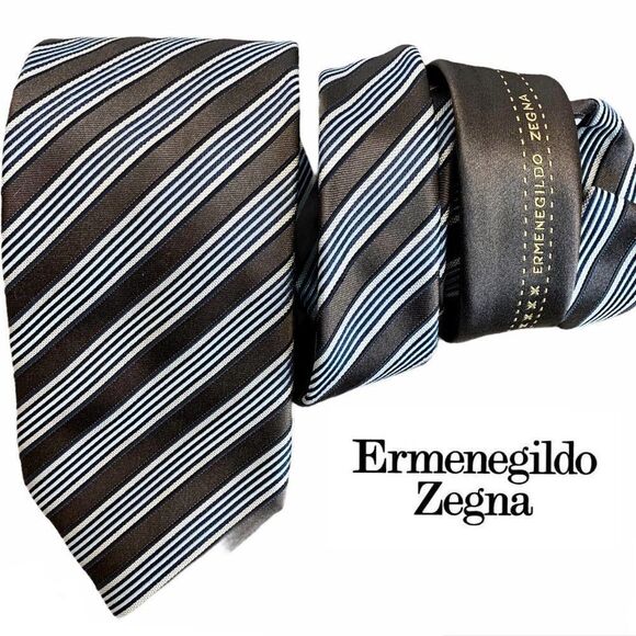 𝅺nwot Ermenegildo zegna Blue Gray Striped Silk Tie - Picture 1 of 7